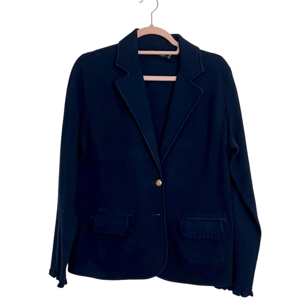 LAUREN RALPH LAUREN STRETCH COTTON KNIT BLAZER RUDFLE HEM PREPPY DARK ACADEMIA